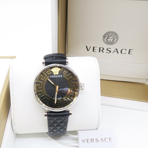 Versace VE1CA0123 Greca Black & Gold 35mm. Swiss Quartz New Ladies Watch.